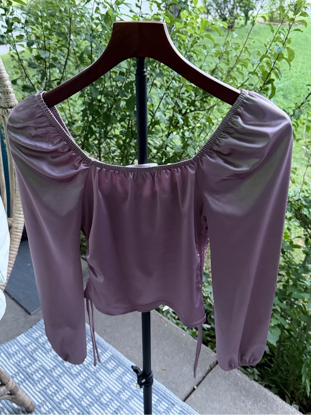 Corset Emma Mauve/ Purple Satin Puff-Sleeve Blouse by Madden NYC Size XS - Picture 6 of 15